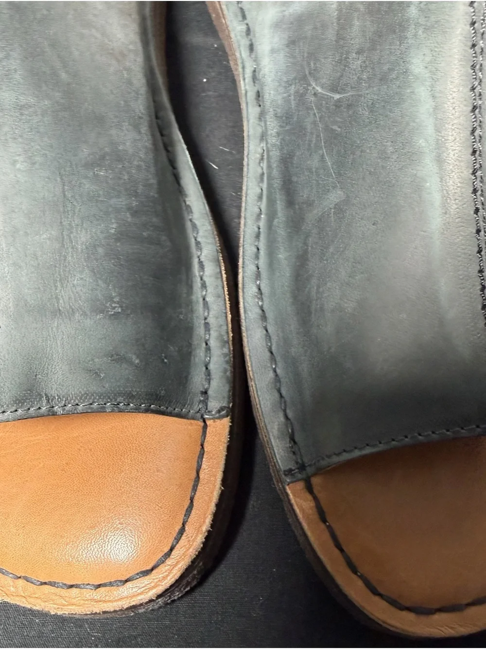 John Varvatos Black Leather Slide Sandals with Tan Footbed